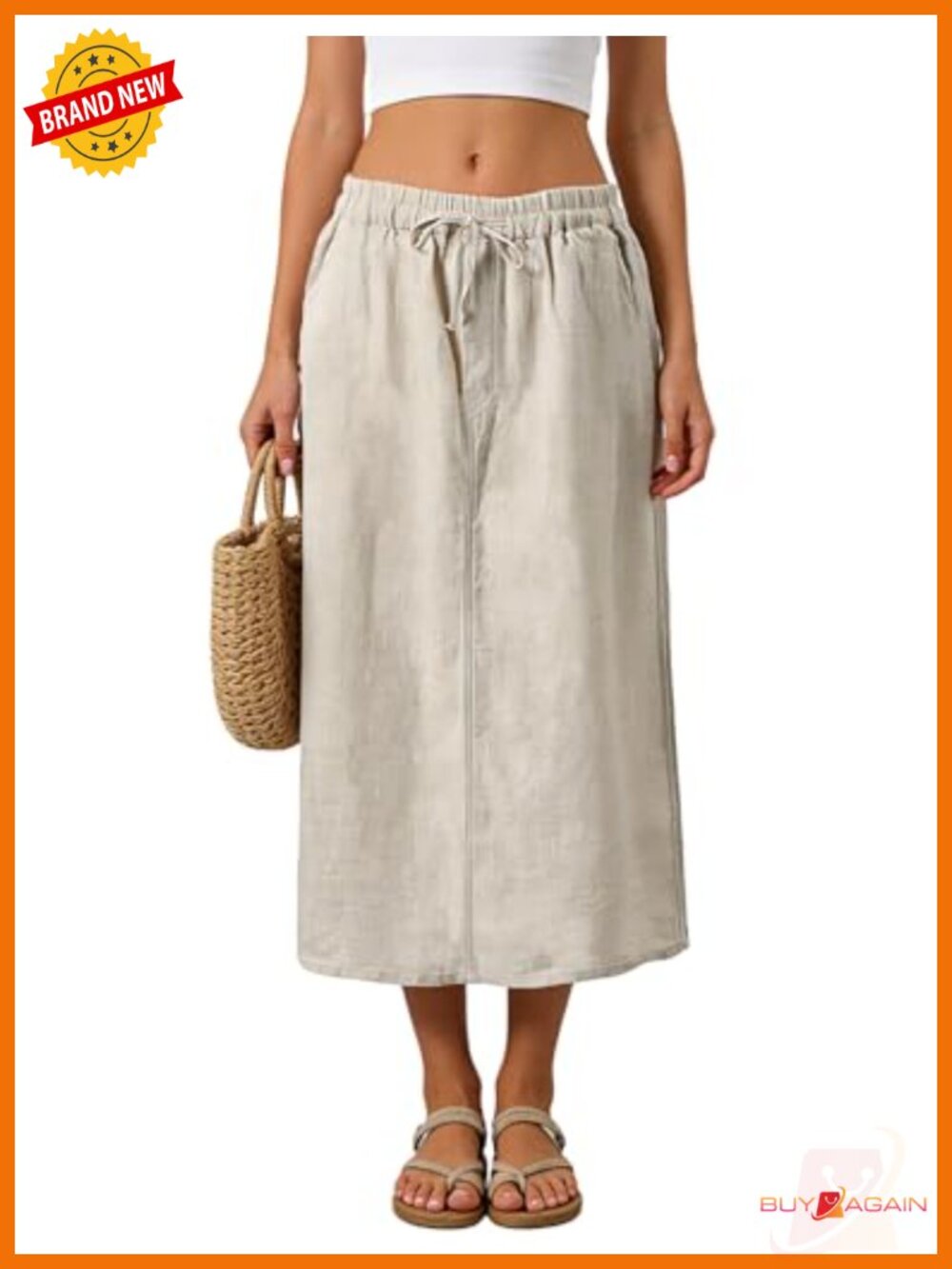 100% Linen Maxi Skirt Elastic Waist Drawstring A-Line Pockets
